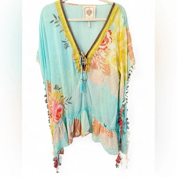 Anthropologie Top Z&L Made with With Love Boho Kaftan Aqua Floral Pom Pom Trim - Picture 1 of 7